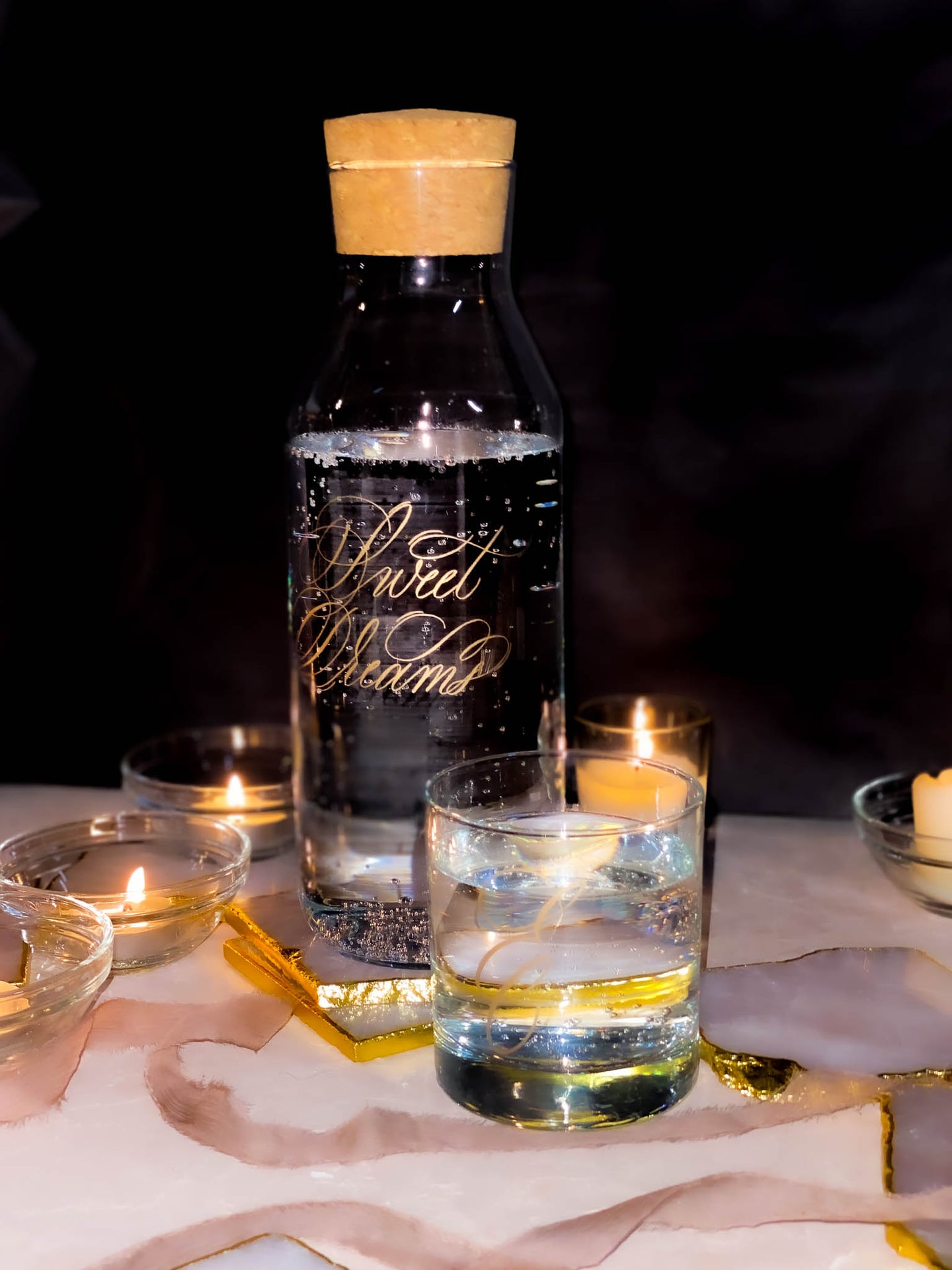 Calligraphy engraved carafe with drinking glass